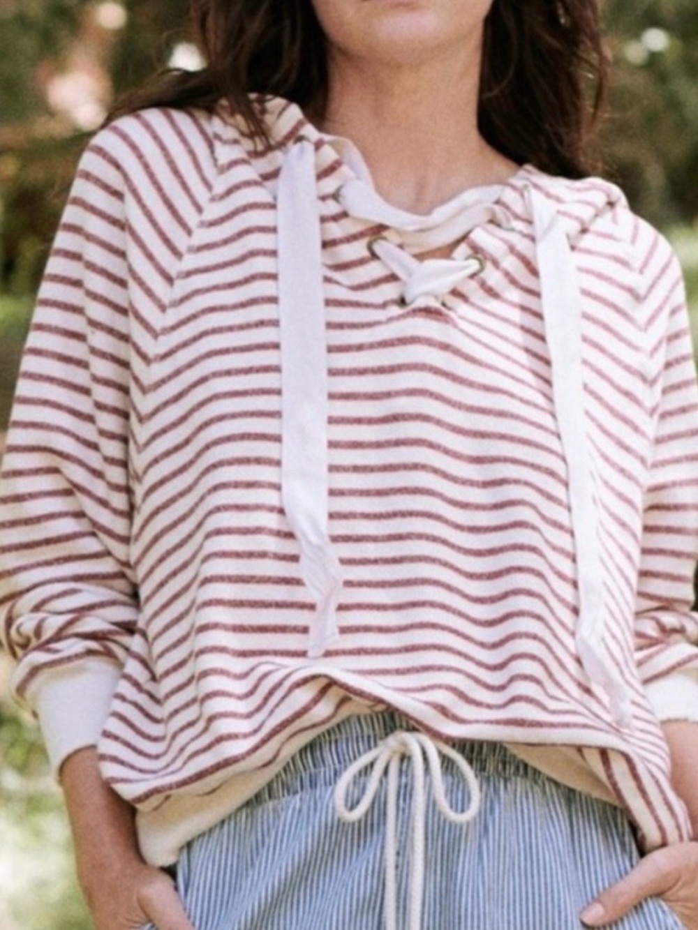 The GREAT Striped Lace Up Hoodie Red White 2/Medium